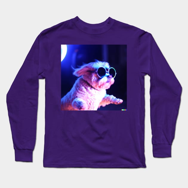 Neon Dog Wearing sunglasses dancing in the night Long Sleeve T-Shirt by samuellucassmith